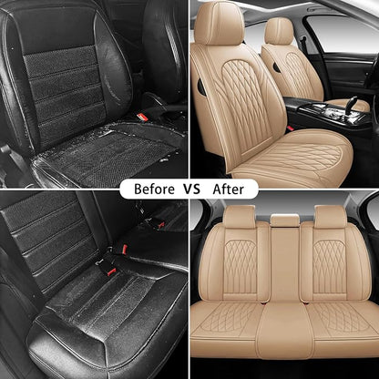 WELLDO Nappa Faux Leather Car Seat Covers Full Set, 5Seats,Beige | Waterproof, Non-Slip Seat Protector, 0.28in Thickened Cushion, Airbag Compatible, Universal for Cars SUV Truck Pickup