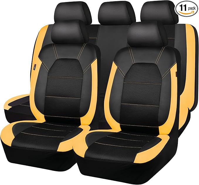 CAR PASS Leather Seat Covers, Breathable Universal Car Seat Cover Full Set for Cute Women Girly,5mm Composite Sponge Inside,Airbag Compatible Fits Most Auto,SUVs,Trucks,Vans(Full Set,Black&Yellow)