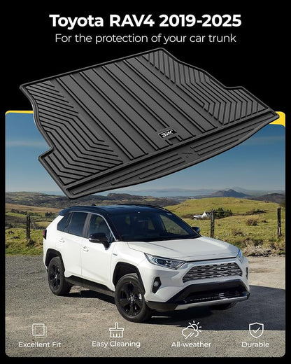 3W Cargo Liner Fit for Toyota RAV4 2019-2025 Hybrid and Gasoline (Not for Prime), TPE All Weather Custom Fit Trunk Mat for Toyota RAV4 Full Set Car Mats, Black