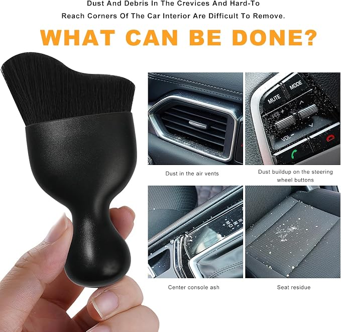 Car Interior Detailing Brush, Curved Car Interior Cleaning Brush with Ultra Soft Bristles & Dust Cover, Scratch-Free Auto Dusting Brushes for Dashboard AC Vent Leather (Black)