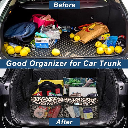 Deosk Trunk Organizer and Storage with Reinforced Handles,Car Accessories for Women/Men 50L Waterproof Polyester Trunk Organzier for Car/SUV/Minivan/Truck(Medium,Leopard print)