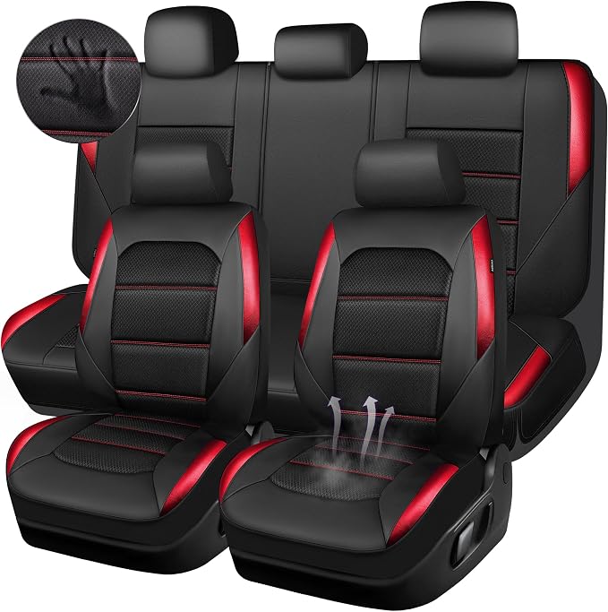 CAR PASS Memory 3D Foam Car Seat Covers Full Set, Breathable Mesh Thick Seat Covers for Car, Red Metal Film Leather Seat Covers, Universal Automotive Comfort for SUVs Trucks, Black Red