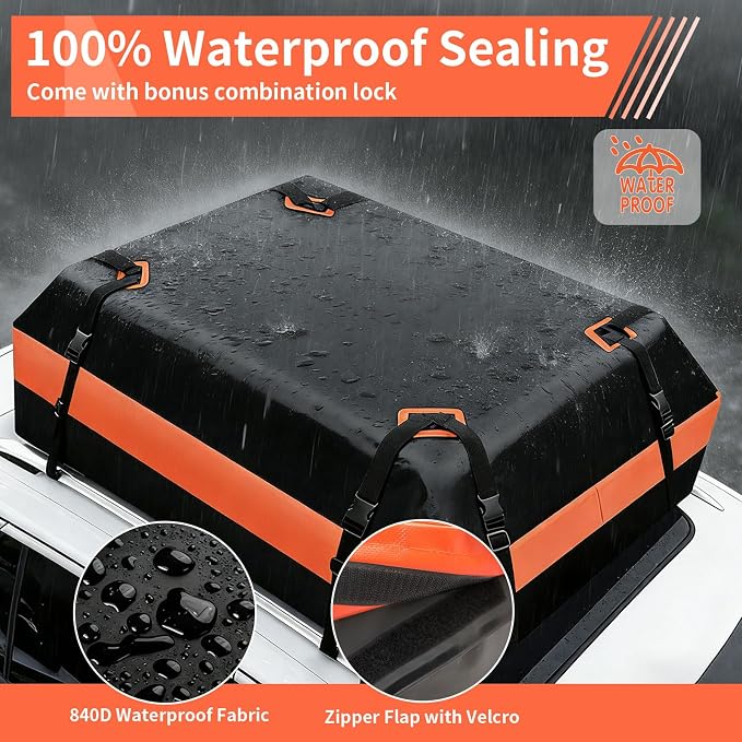 15 CuFt Car Rooftop Cargo Carrier Bag, 100% Waterproof Heavy Duty Car Roof Top Carrier for All Vehicles with/Without Racks, Includes Anti-Slip Mat, 8 Reinforced Straps, Lock & 6 Door Hooks