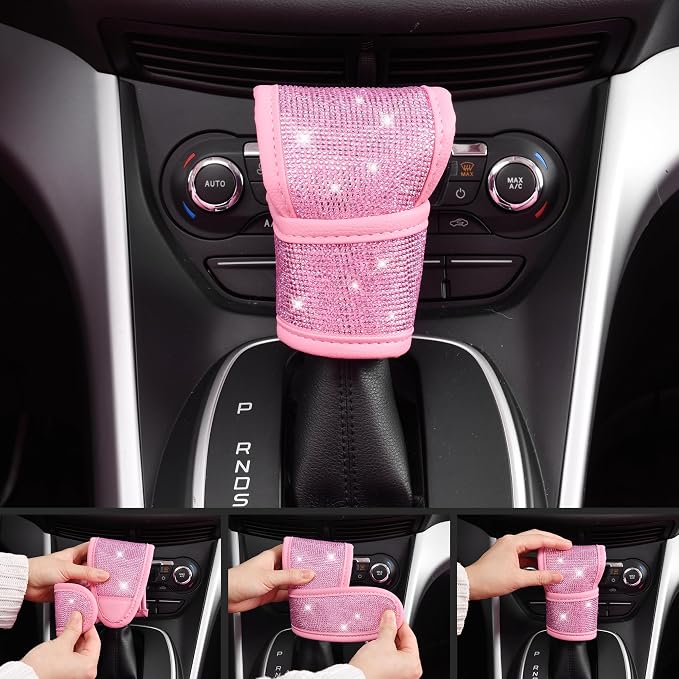CAR PASS Bling Pink Car Accessories Set for Women, Sparkly Rhinestone Diamond Steering Wheel Cover Seat Belt Cushion Glitter Shift Knob Cover Car Cup Holder Coaster Cute Interior Sets, Pink 22 PCS