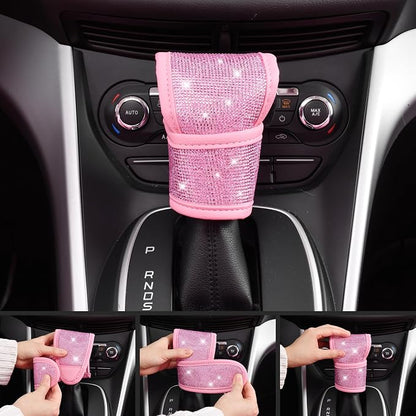 CAR PASS Bling Pink Car Accessories Set for Women, Sparkly Rhinestone Diamond Steering Wheel Cover Seat Belt Cushion Glitter Shift Knob Cover Car Cup Holder Coaster Cute Interior Sets, Pink 22 PCS