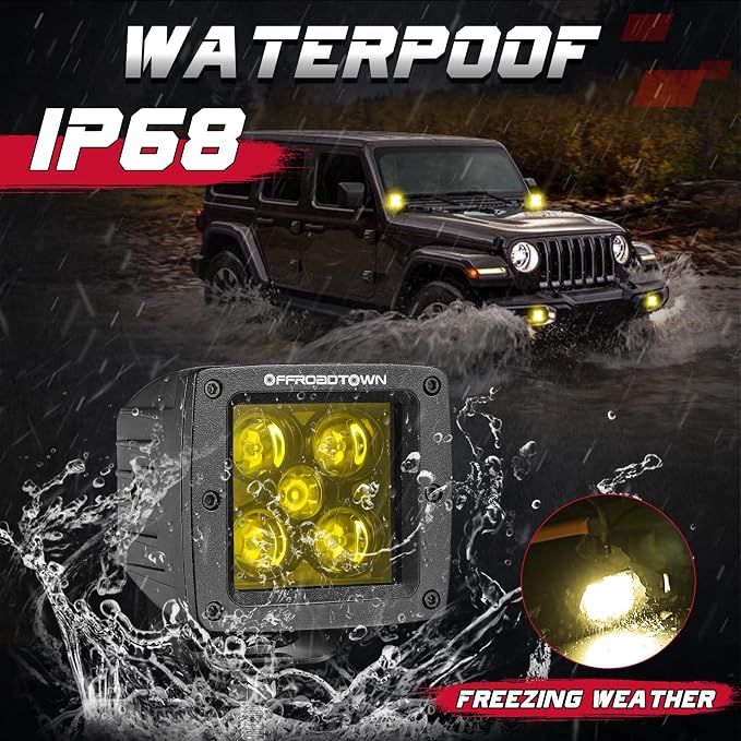 OFFROADTOWN Yellow LED Pods, 100W 2PCS 3 Inch CREE LED Cubes Light Spot Beam Off Road Driving Lights LED Pod Lights Square Led Cubes Yellow Fog Light Ditch Lighting for Trucks UTV ATV SUV Surron Boat