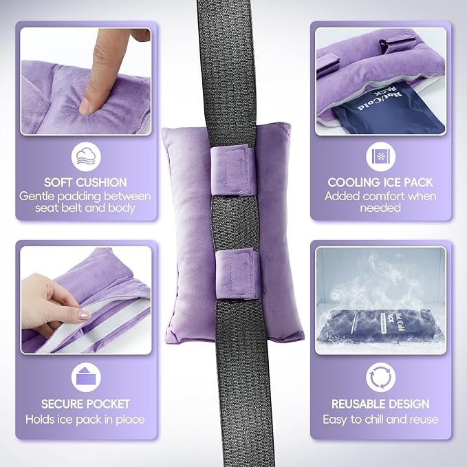 Post Surgery Seat Belt Pillow with Ice Pack, Seatbelt Cushion for Mastectomy, Heart Surgery, C-Section & Hysterectomy Recovery, Chemo Port Protector, Seatbelt Pad with Pocket (Purple)