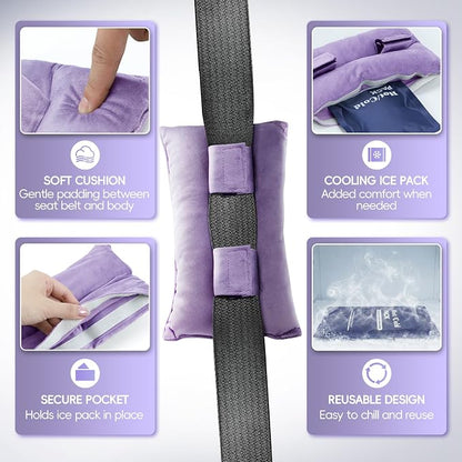 Post Surgery Seat Belt Pillow with Ice Pack, Seatbelt Cushion for Mastectomy, Heart Surgery, C-Section & Hysterectomy Recovery, Chemo Port Protector, Seatbelt Pad with Pocket (Purple)