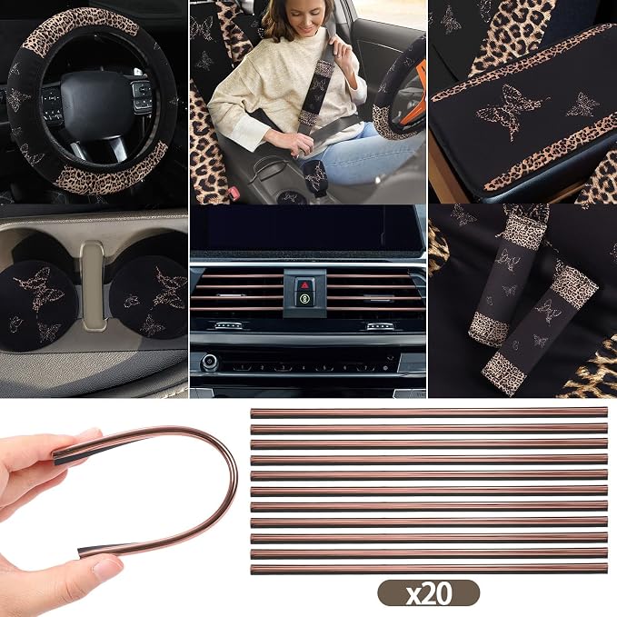 BBTO 43 Pcs Butterfly Car Seat Full Set Butterfly Car Accessories for Women 5 Front Rear Seat Covers Wrist Strap 2 Pcs Cup Mat Armrest Pad 2 Belt Xmas Cover Accessories for SUV(Brown Leopard Print)