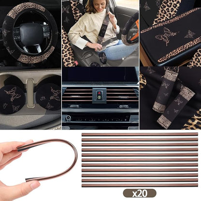 BBTO 43 Pcs Butterfly Car Seat Full Set Butterfly Car Accessories for Women 5 Front Rear Seat Covers Wrist Strap 2 Pcs Cup Mat Armrest Pad 2 Belt Xmas Cover Accessories for SUV(Brown Leopard Print)