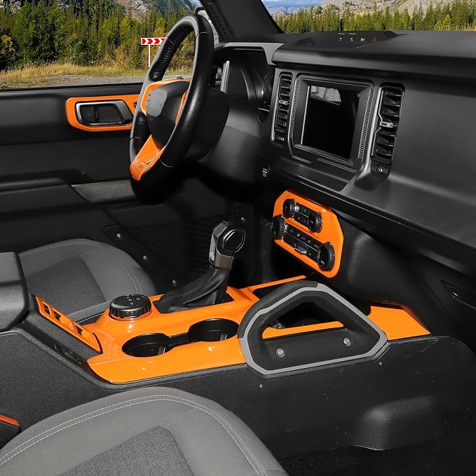 9PCS Full Set Interior Trim Kit Fit for Ford Bronco 2021-2024 4 Door,Center Console Gear Shift Panel Inner Door Handle (Orange)