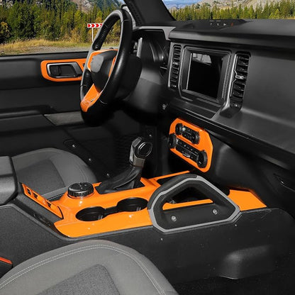 9PCS Full Set Interior Trim Kit Fit for Ford Bronco 2021-2024 4 Door,Center Console Gear Shift Panel Inner Door Handle (Orange)
