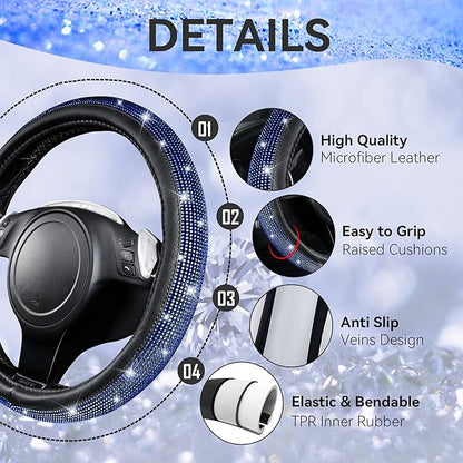 CAR PASS 11 PCS Bling Diamond Car Accessories for Women, Sparkly Rhinestone Steering Wheel Cover, Bling Seat Belt Cushion, Glitter Shift Knob Cover, Car Cup Holder Coaster, Cute Interior Sets Blue
