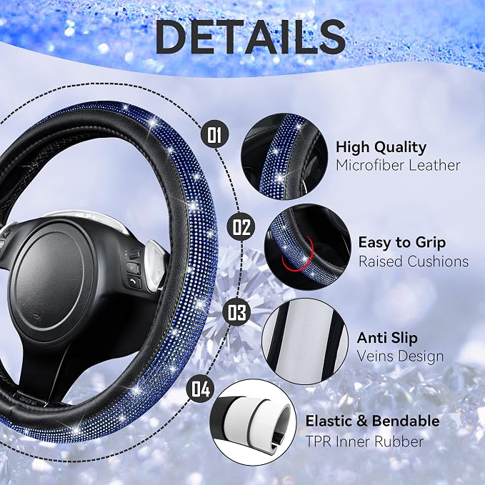 CAR PASS 23 PCS Bling Diamond Car Accessories Set for Women, Leather Seat Covers Full Set Sparkly Rhinestone15'' Steering Wheel Covers Shining Diamond Floor Mats Cute Car Interior Sets,Blue