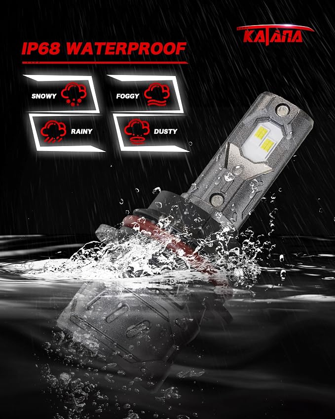 Katana 9007/HB5 Bulbs, 6500K White 400% Brightness High/Low Beam Plug and Play Mini Size Fog Light Bulb of 2
