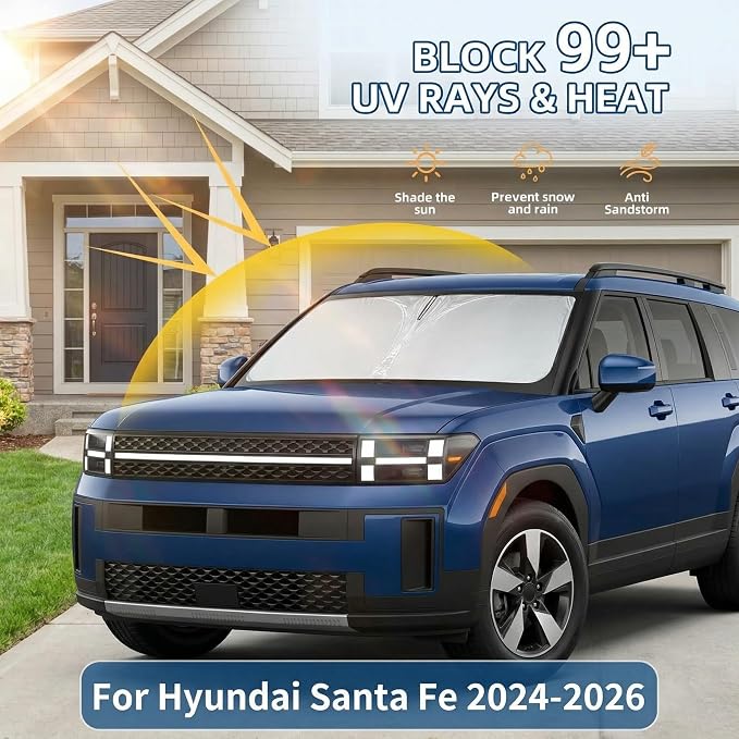 Windshield Sun Shade for Hyundai Santa Fe 2024 2025 2026 Sunshade Front Window Shade Custom Fit Santa Fe Accessories Sun Visor Foldable Shade Blocks UV Rays Accessories