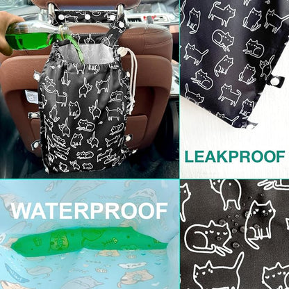 Leak-Proof Waterproof Car Trash Bag Foldable Multipurpose Trash bin Container Storage Cute Grocery Organizer Bag for Automotive Front or Back Seat in Cars SUVs and Trucks (Black Cats)