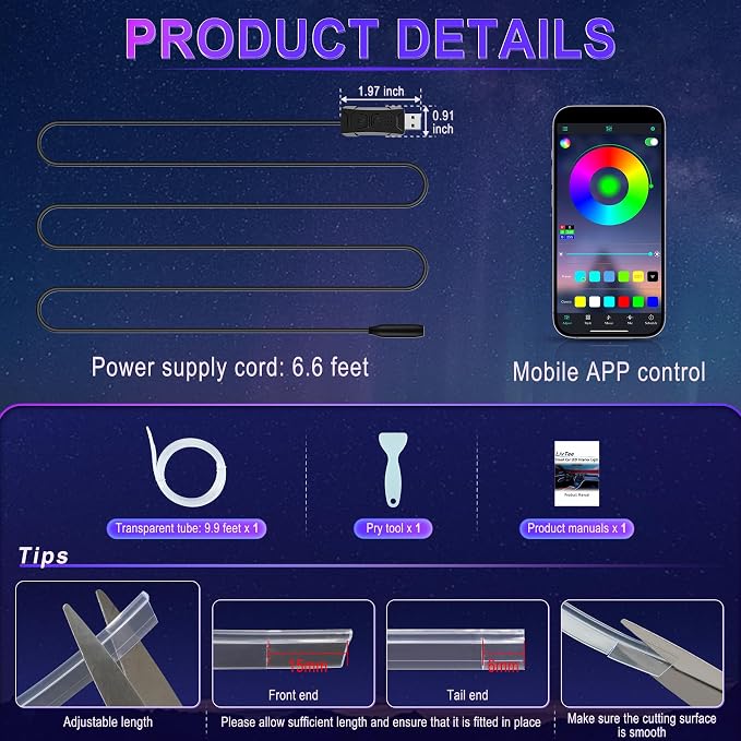 LivTee Smart Car LED Interior Lights with USB Port, LED Strip Fiber Optic Lights, Wireless App Control, Sync to Music, Car Accessories Gifts for Women and Men