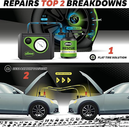 Slime 50154 Emergency Roadside Kit with Flat tire Repair and Booster Cables for Compact Cars, Standard Cars and Crossovers