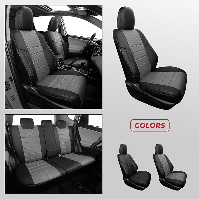 FREESOO RAV4 Seat Covers Full Set Custom Fit for Toyota Rav4 XLE,Platinum, Limited 2013-2018 & SE 2016-2018, Faux Leather Car Seat Cover, Airbag Compatible, Black Gray