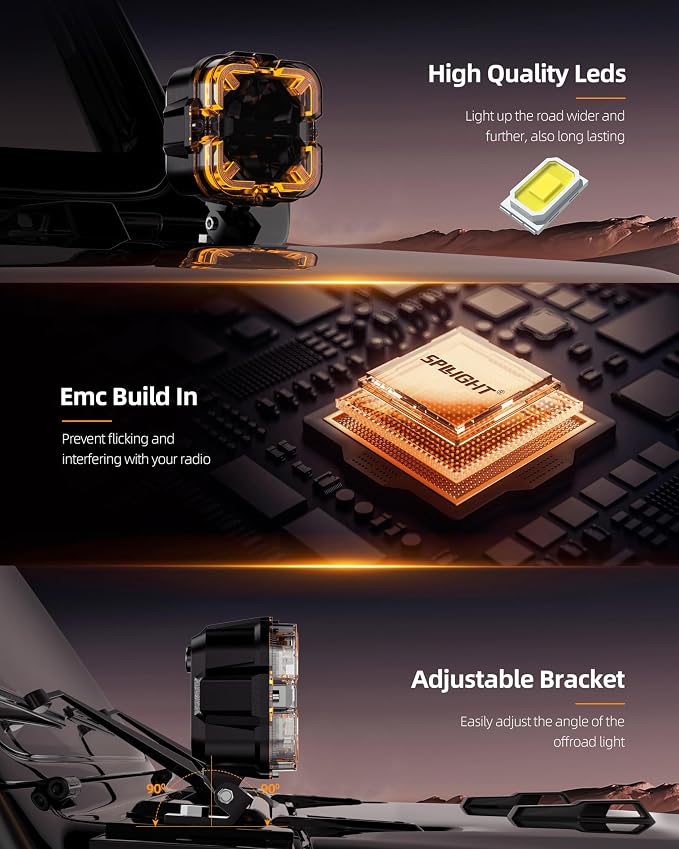 SPL 4" Off Road Lights with Amber Covers, 90W 12000LM Hi/Lo Beam LED Pod Lights with Arrow Shaped Amber DRL, Led Cube Driving Lights with DT Wiring Harness for Trucks Jeep Pickup SUV ATV UTV, 2PCS