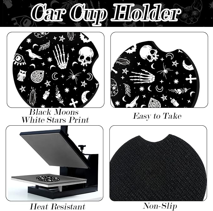 4 Pieces Black Moons White Stars Print Car Accessories Set Black Moons White Stars Steering Wheel Cover with 2 Pieces Car Cup Holder and Leather Keyring for Truck SUV(Horror Pattern)