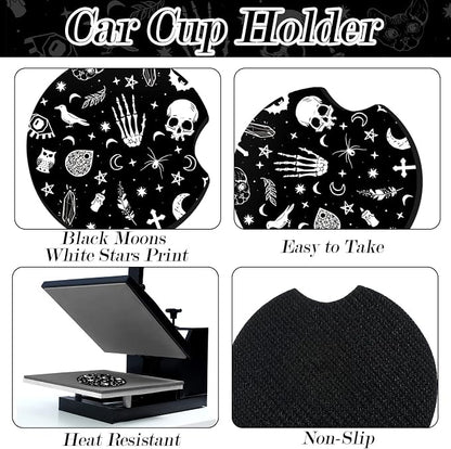 4 Pieces Black Moons White Stars Print Car Accessories Set Black Moons White Stars Steering Wheel Cover with 2 Pieces Car Cup Holder and Leather Keyring for Truck SUV(Horror Pattern)