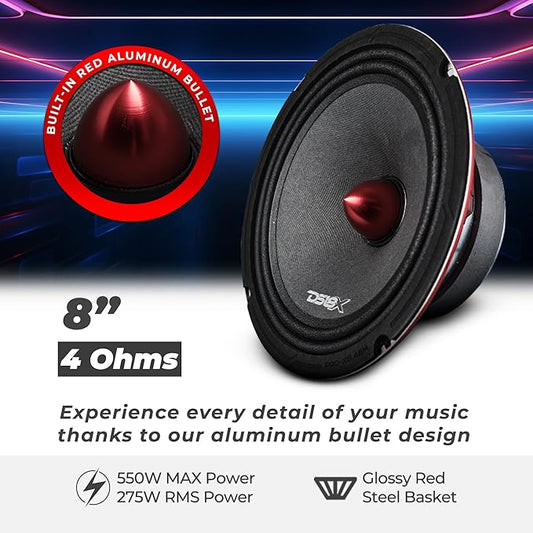 DS18 PRO-X8.4BM Loudspeaker - 8", Midrange, Red Aluminum Bullet, 550W Max, 275W RMS, 4 Ohms - Premium Quality Audio Door Speakers for Car or Truck Stereo Sound System (1 Speaker)