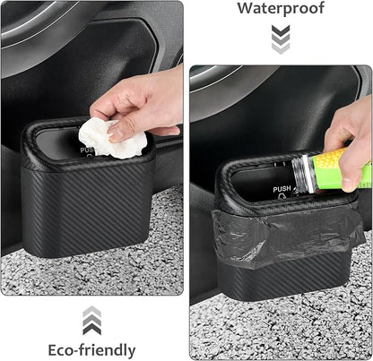 Accmor Car Trash Can with Lid, Mini Vehicle Trash Bin Portable Car Dustbin Garbage Organizer Holder with One Roll Trash Bag, Small Hanging Leakproof Auto Storage Bag Container (Carbon Fiber)