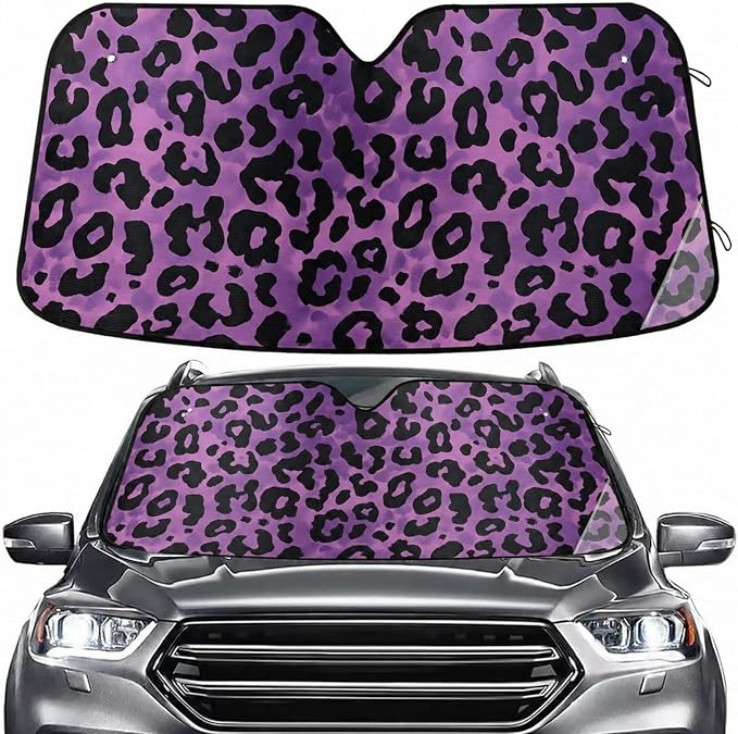 Windshield Sun Shade Purple Black Leopard Print Front Window Block UV Shades Visor Reflective Retractable for Car SUV Trucks