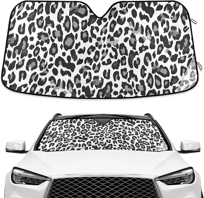 Black White Leopard Windshield Sun Shade Blocks UV Rays Visor Protector Accordion Folding Sun Reflector Auto Sunshade for Car Truck SUV to Keep Your Vehicle Cool