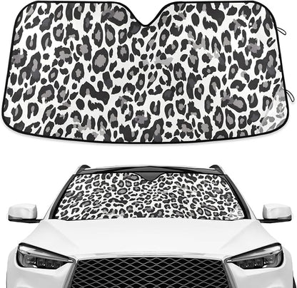 Black White Leopard Windshield Sun Shade Blocks UV Rays Visor Protector Accordion Folding Sun Reflector Auto Sunshade for Car Truck SUV to Keep Your Vehicle Cool
