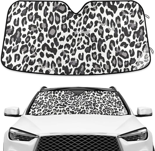 Black White Leopard Windshield Sun Shade Blocks UV Rays Visor Protector Accordion Folding Sun Reflector Auto Sunshade for Car Truck SUV to Keep Your Vehicle Cool