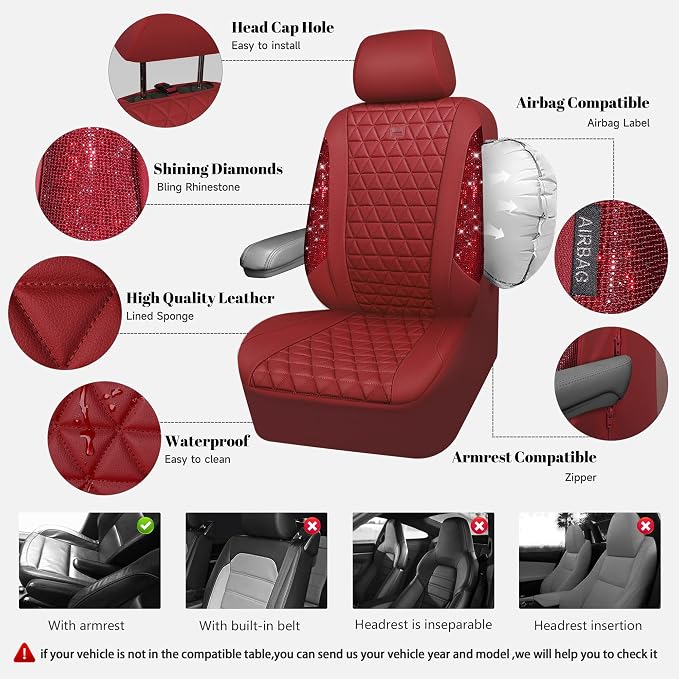 CAR PASS Bling Diamond Burgundy Leather Car Seat Covers Full Sets Interior Sets, Waterproof Shining Glitter Sparkly Crystal Universal Armrest Fit Automotive Truck SUV Cute Women Girl, Red Rhinestone