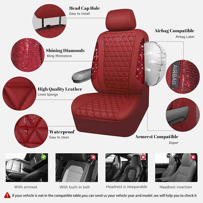CAR PASS Bling Diamond Burgundy Leather Car Seat Covers Full Sets Interior Sets, Waterproof Shining Glitter Sparkly Crystal Universal Armrest Fit Automotive Truck SUV Cute Women Girl, Red Rhinestone
