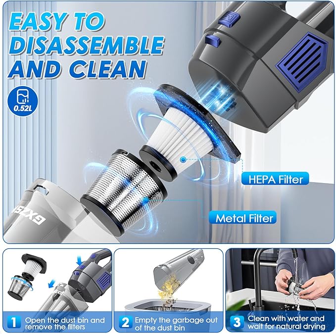 Gxzsk Handheld Vacuum Cordless, 15000PA Strong Suction Hand Held Car Vacuum Cleaner Rechargeable, Portable Hand Vacuum with Multi-Nozzles & Washable Filter for Home Office, Car, Pets