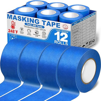 Aheroi 12 Rolls Painters Tape 2 inch Wide, Blue Painters Tape(2in x 55Yds), Multi-Surface Masking Tape for Walls Painting, No Residue Wide Painter Tape for Packing Labeling DIY Crafts,Home Improvement