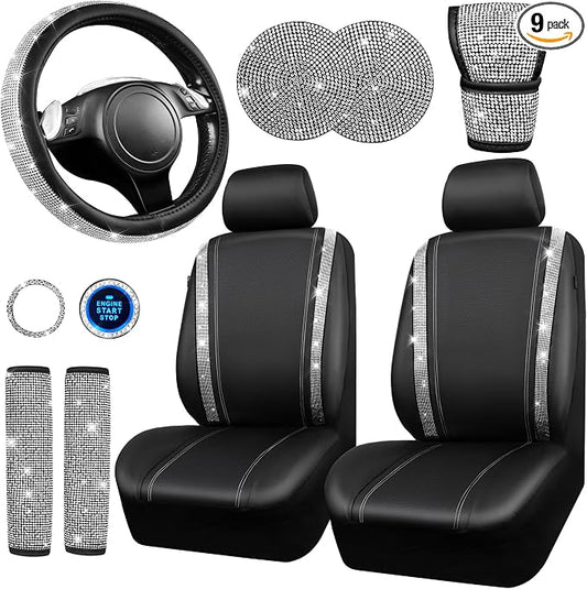 CAR PASS Bling Diamond Leather Car Seat Covers Sets 11 pcs,Bling Diamond Car Accessories for Women, Sparkly Rhinestone Steering Wheel Cover, Glitter Cute Interior Sets for Women Girl,Silver