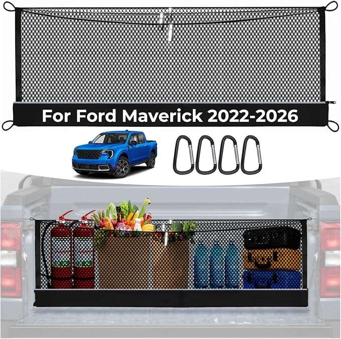 3-Layer Cargo Net for Ford Maverick 2022-2026, Zoned Storage Truck Bed Net with Foldable Zippered Bottom Bag, Heavy-Duty Cargo Organizer Netting for Camping, Trips & Everyday Use