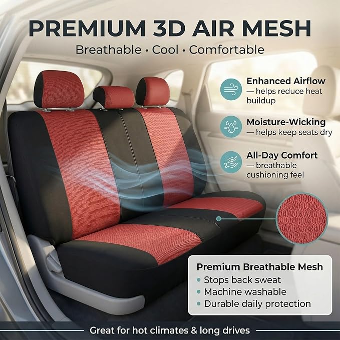 FH Group Automotive Seat Cover Trendy Elegance for Back Seat Red Car Interior Accessories for SUV, Sedan & Van Universal Fit Combo Rear Seat Cover Split Bench Car Seat Protector for Dogs and Kids