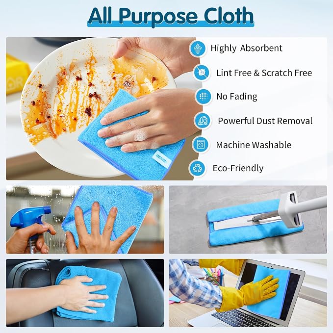 FIXSMITH Blue Microfiber Cleaning Cloth -Pack of 12, Highly Absorbent Cleaning Rags, 16"X12" All Purpose Cleaning Towels for Housekeeping, Kitchen, Car, Lint Free and Reusable Microfiber Towels