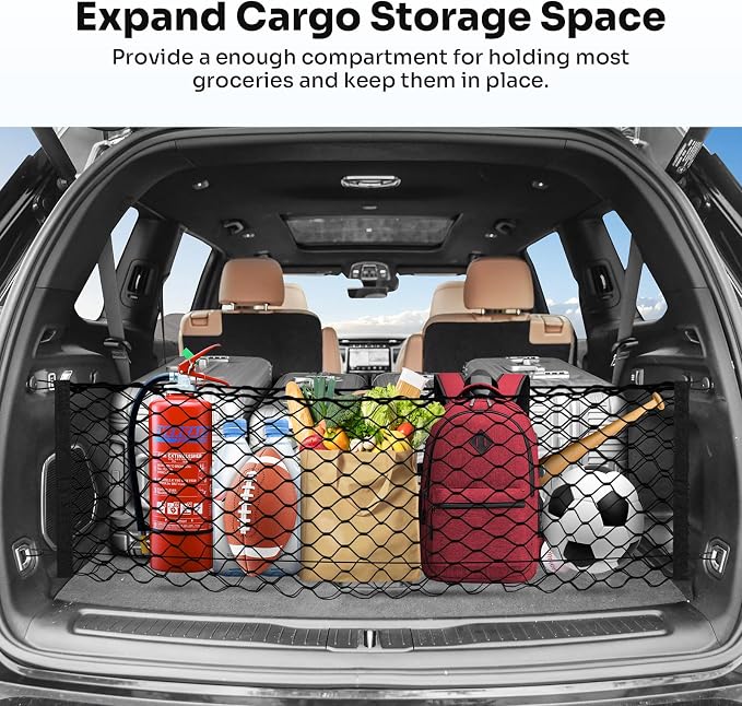 Canvcle Trunk Cargo Net for 2021-2026 Jeep Grand Cherokee L (7 Seats) Accessories Envelope Style Mesh Trunk Net Organizer and Storage Stretchable Adjustable Elastic Nylon Rear Cargo Netting with Hooks