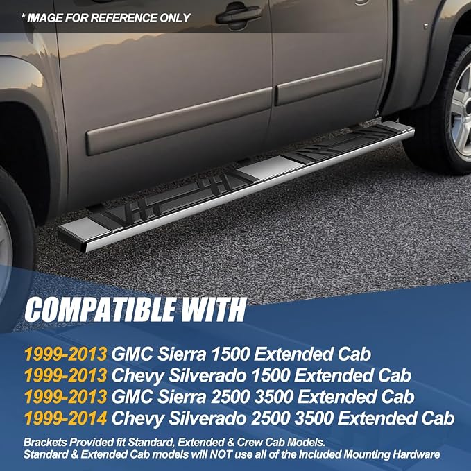 Auto Dynasty Running Boards Compatible with 1999-2014 Chevy Silverado GMC Sierra 1500 2500 3500 Double/Extended Cab, Stainless Steel Side Steps, 6.5" Step Bars