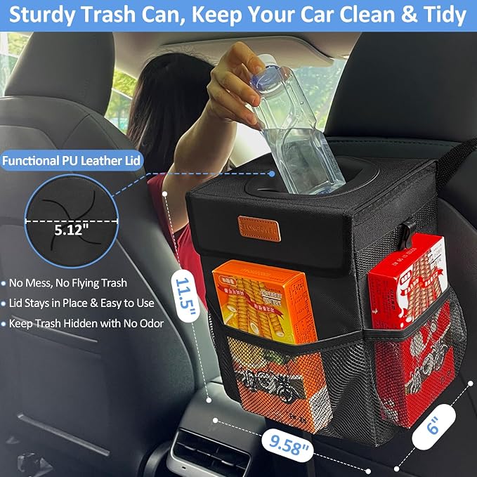 ELONGRIVER Car Trash Can Bin for Back Seat Leak Proof, Cute Car Trash Bag Hanging, Vehicle Trash Can for SUV Truck Van, Automotive Garbage Cans Front Seat Black