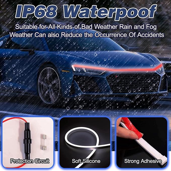 Car Hood Light, 70 Inch Auto LED Daytime Running Lights Strip, 12V Flexible Headlight Universal Engine Cover Decoration Exterior Accessories for Cars, SUVs, Trucks, Dynamic Scan Start-up Effect (Red)