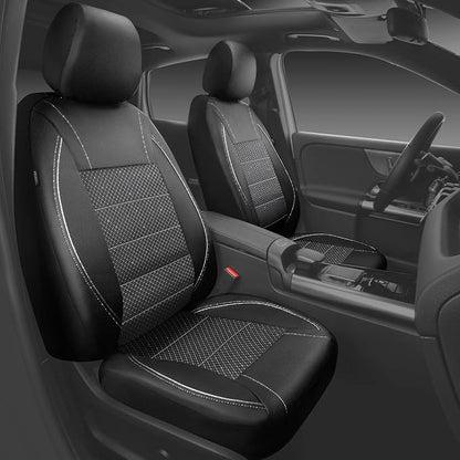 CAR PASS Piping PU Leather Car Seat Cover Full Set, Inside Zipper Design and Reserved Opening Holes, Airbag Compatible,Universal FIT for Car, SUVs,Van,Trucks（Full Set, Black & Silver