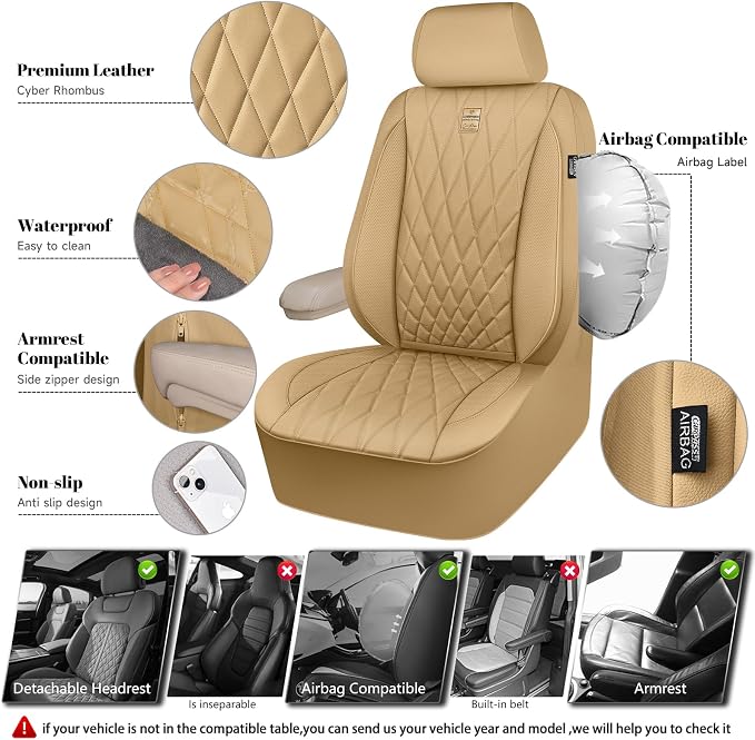 CAR PASS Piping Luxury PU Leather Two Front Car Seat Covers, Waterproof Anti Slip Seat Covers Compatible with Front Seat Armrests,Universal Fit for Suvs,Vans,Trucks,Airbag Compatible(All Beige)