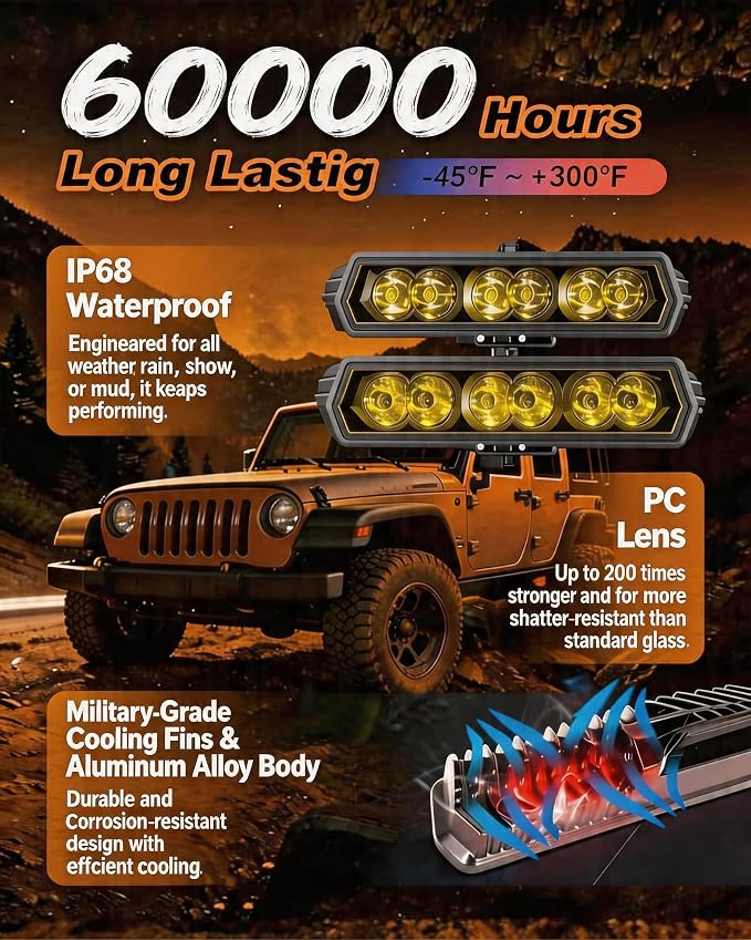 Yellow LED Light Bar 6 Inch 120W Driving Lights Backup Lighting LED Pods | 2PCS 120W Bumper Lights 30° Spot Beam Off Road Fog Lights for Truck SUV ATV UTV, IP68 Waterproof, DT Wiring Harness