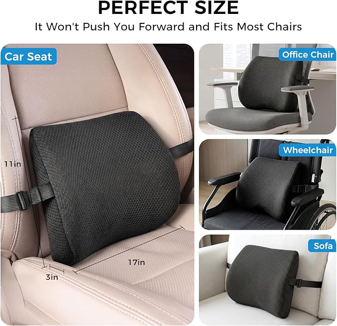 Lumbar Support Pillow for Car & Office Chair - High-Density Memory Foam Back Cushion for Sciatica & Lower Back Pain Relief - Non-Slip Support for Long Commutes & Desk Workers (3D Mesh Black)