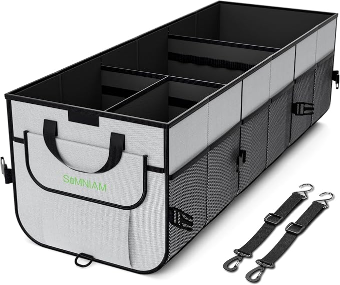 Simniam Car Trunk Organizer with Insulated Grocery Bag- 110L High Capacity Car Storage Box, with 4 Compartments, Reflective Strip, Cover, for Auto, SUV, Truck, Minivan